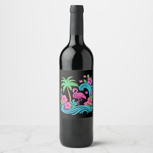 Tropical Neon Flamingo Weinetikett (Vorderseite)