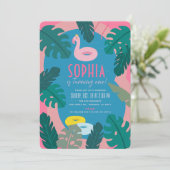 Tropical Neon Pink Pool Girl 1. Geburtstag Einladung (Stehend Vorderseite)