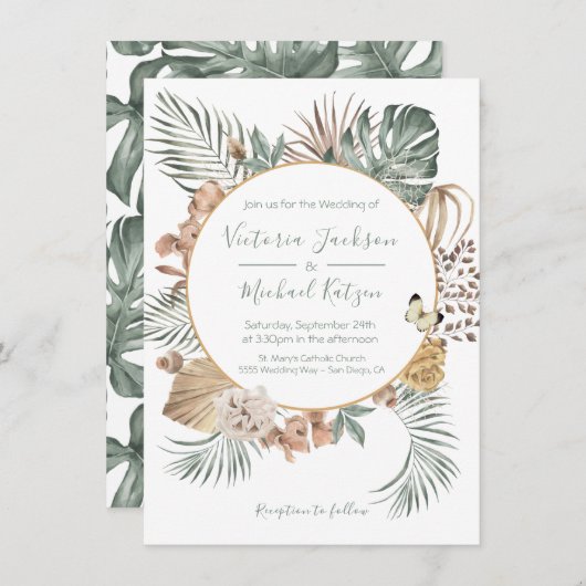 Tropical Oasis Modern Palm Wreath Wedding Einladung (Vorne/Hinten)