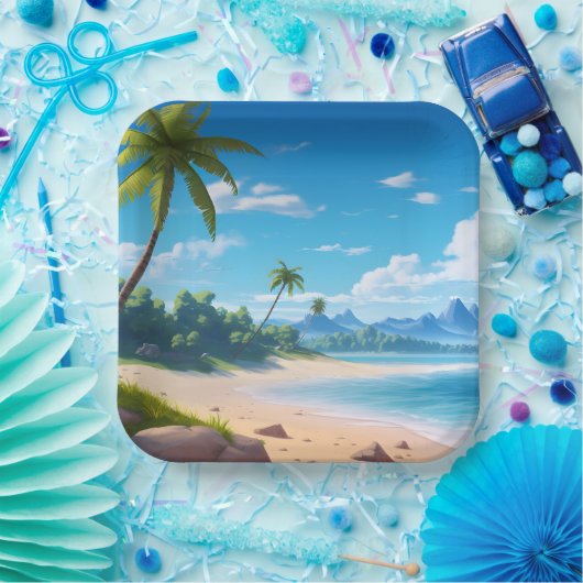 Tropical Ocean Island Sandy Beach Shore Pappteller (Party)