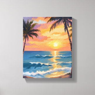 Tropical Ocean Sunset Palm Tree Watercolor Leinwanddruck