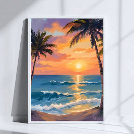Tropical Ocean Sunset Palm Tree Watercolor Poster
