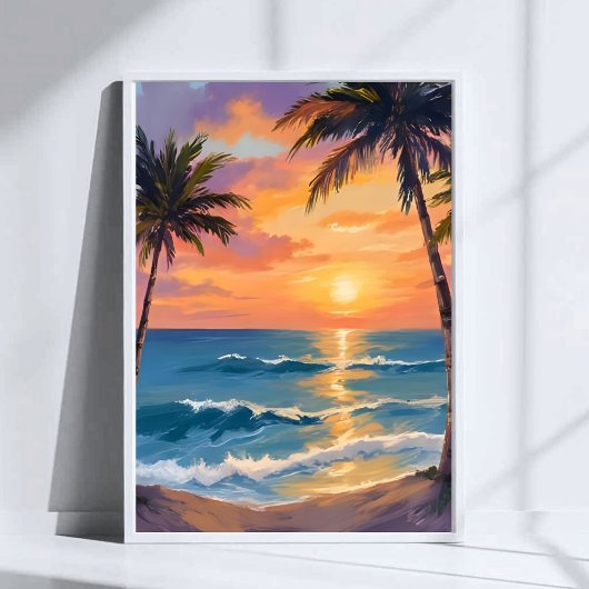 Tropical Ocean Sunset Palm Tree Watercolor Poster