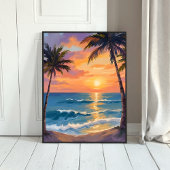 Tropical Ocean Sunset Palm Tree Watercolor Poster