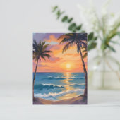 Tropical Ocean Sunset Palm Tree Watercolor Postkarte (Stehend Vorderseite)