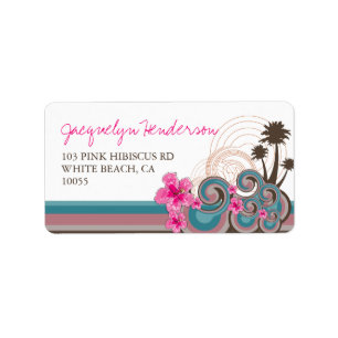 Tropical Ocean Waves Hibiscus Palm Trees Address Adressaufkleber