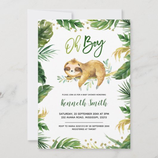 Tropical Oh Boy Sloth Baby Dusche Einladung (Vorderseite)