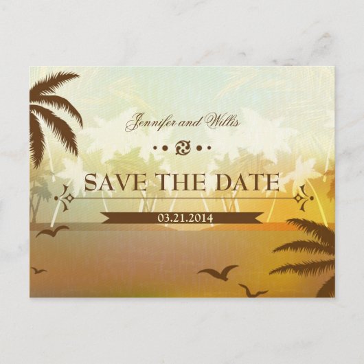 Tropical Orange Beach Ziel Save the Date Ankündigungspostkarte (Vorderseite)
