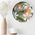 Tropical Orange & Flowers Watercolor Pattern Runde Wanduhr<br><div class="desc">Tropical Orange & Flowers Watercolor Pattern</div>