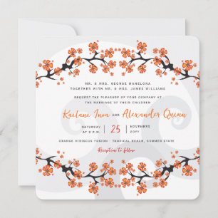 Tropical Orange Hibiskus Fusion Gray Swirl Wedding Einladung