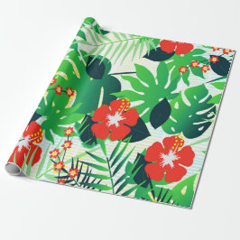 Tropical Orange Hibiskus Green Monstera Blätter Geschenkpapier
