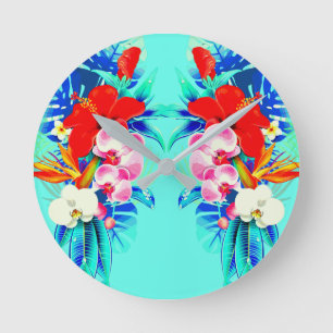 Tropical orchid and palm leaves Hawaiian floral Runde Wanduhr