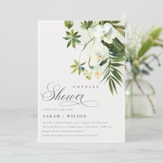 Tropical Orchid Palm Fauna Paare Dusche laden Dankeskarte (Stehend Vorderseite)