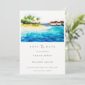 Tropical Overwater Villa Seascape Beach Palmen Save The Date (Stehend Vorderseite)