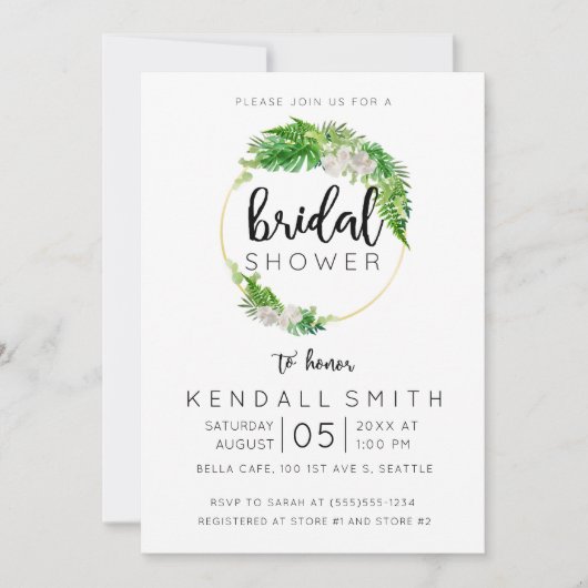 Tropical Palm and Greenerary Wreath Brautparty Einladung (Vorderseite)