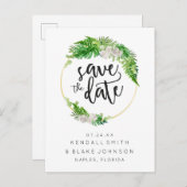 Tropical Palm and Greenerary Wreath Save the Date Ankündigungspostkarte (Vorne/Hinten)