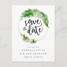 Tropical Palm and Greenerary Wreath Save the Date Ankündigungspostkarte
