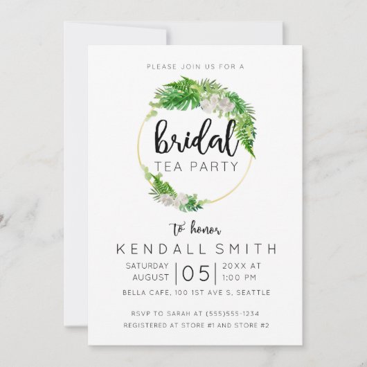 Tropical Palm and Greenery Wreath Bridal Tea Party Einladung (Vorderseite)