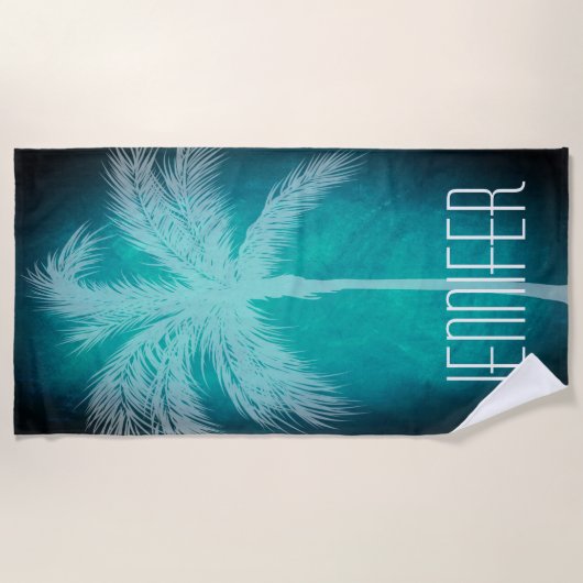Tropical Palm Aqua Blue Personalisiert Beach Handt Strandtuch (Vorderseite)