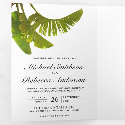 Tropical Palm Banana Blätter Foliage 3 in 1 Hochze Dreifach Gefaltete Einladung (Innen Erste Seite)