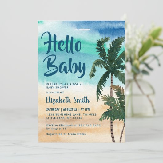Tropical Palm Beach Baby Dusche Einladung (Stehend Vorderseite)