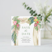 Tropical Palm Beach Boho Pampas Arch Wedding Save The Date (Stehend Vorderseite)