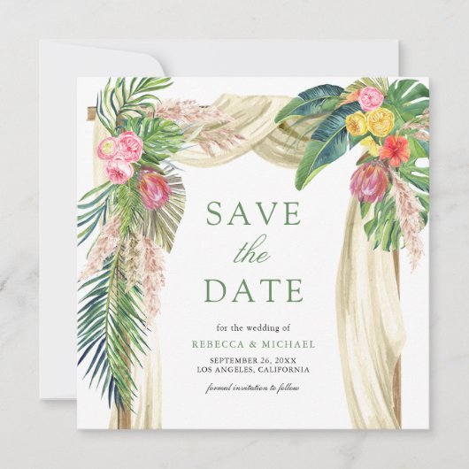 Tropical Palm Beach Boho Pampas Arch Wedding Save The Date (Vorderseite)
