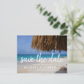 Tropical Palm Beach Hochzeit Save the Date Ankündigungspostkarte (Stehend Vorderseite)