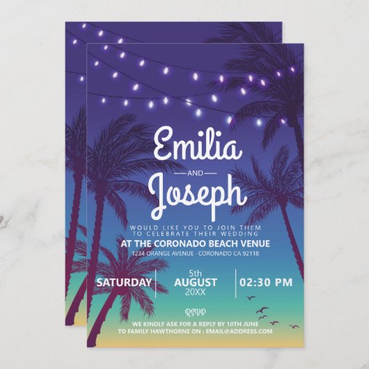 Tropical Palm Beach Retro Hochzeitsfeier Einladung (Vorne/Hinten)