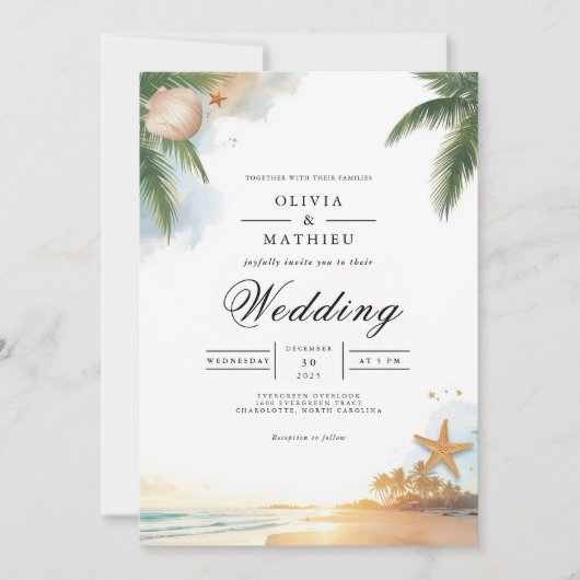 Tropical Palm Beach Romance Wedding Einladung (Vorderseite)