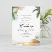 Tropical Palm Beach Romance Wedding Einladung (Stehend Vorderseite)