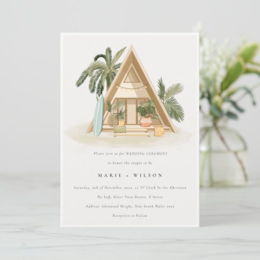 Tropical Palm Beach Shack Wedding QR Code UAWG Einladung (Stehend Vorderseite)