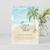 Tropical Palm Beach Watercolor Wedding Save The Date (Stehend Vorderseite)