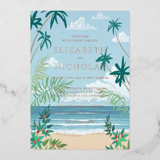 Tropical Palm Beach Wedding Folieneinladung (Vorderseite)