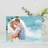 Tropical Palm Beach Wedding Foto Save The Date (Stehend Vorderseite)