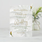 Tropical Palm Birds Elegante Rustikale Goldhochzei Einladung (Stehend Vorderseite)