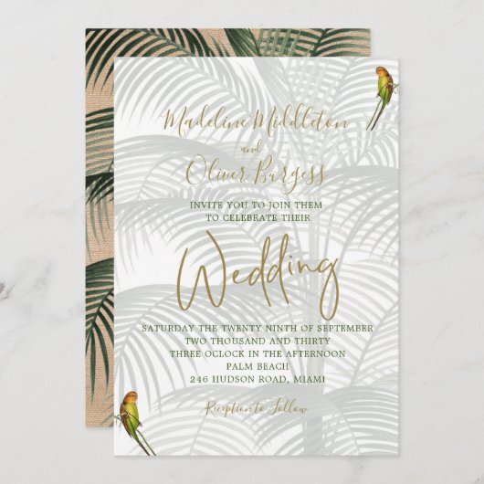 Tropical Palm Birds Elegante Rustikale Goldhochzei Einladung (Vorne/Hinten)