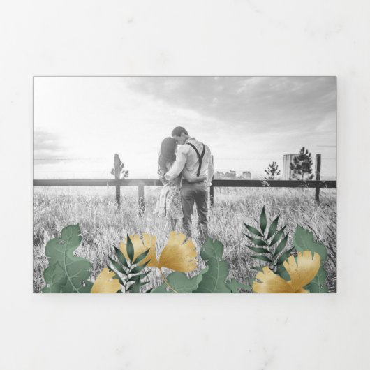 Tropical Palm Black Gold Ananas Hochzeit Dreifach Gefaltete Einladung (Cover)