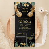 Tropical Palm Black Gold Ananas Hochzeit Dreifach Gefaltete Einladung