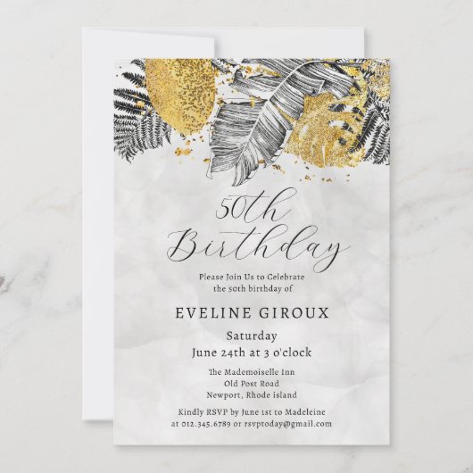Tropical Palm Black White Gold 50th Birthday Einladung (Vorderseite)