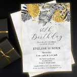 Tropical Palm Black White Gold 60th Birthday Einladung<br><div class="desc">Elegant and chic tropical palm bridal shower invitation features a top arrangement of black line drawn palm leaves and gold textured foliage. The birthday heading is written in a modern and open script. A soft and romantic gray watercolor wash pulls the design together on the front and back. Very easy...</div>