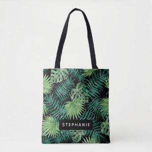Tropical Palm Blätter auf Schwarz Personalisiert Tasche