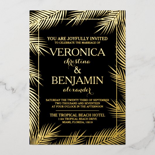 Tropical Palm Blätter Beach Wedding Real Folieneinladung (Vorderseite)