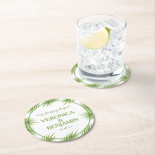 Tropical Palm Blätter Beach Wedding Runder Pappuntersetzer (Vor Ort)