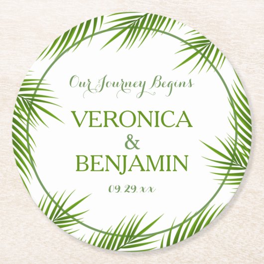 Tropical Palm Blätter Beach Wedding Runder Pappuntersetzer (Vorderseite)