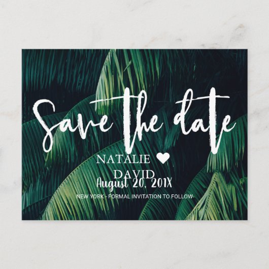 Tropical Palm Blätter Beach Wedding Save the Date Ankündigungspostkarte (Vorderseite)