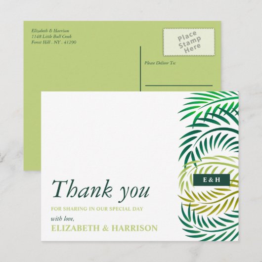 Tropical Palm Blätter, Beach Wedding Vielen Dank Postkarte (Vorne/Hinten)