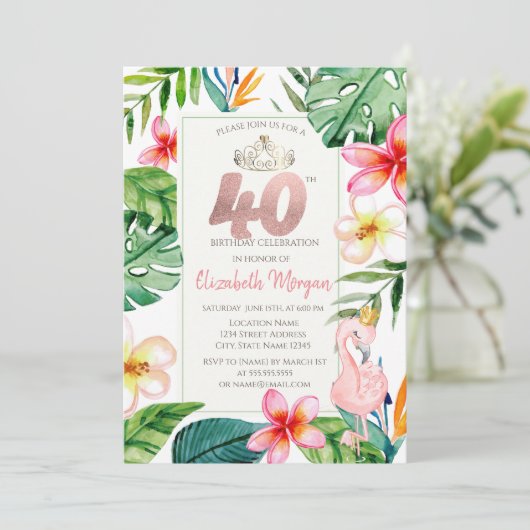 Tropical Palm Blätter Blume Pink Flamingo 40. Einladung (Stehend Vorderseite)