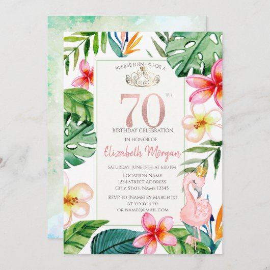 Tropical Palm Blätter Blume Pink Flamingo 70. Einladung (Vorne/Hinten)