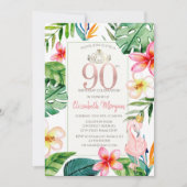 Tropical Palm Blätter Blume Pink Flamingo 90. Einladung (Vorderseite)